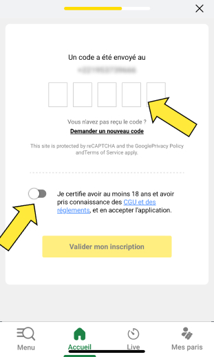 L'application confirme votre numéro et votre âge