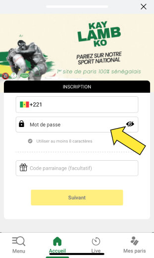 app entrer le numéro de téléphone et le mot de passe